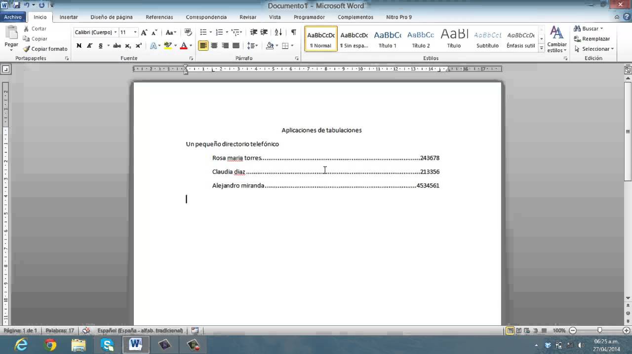 insertando tabulaciones en word