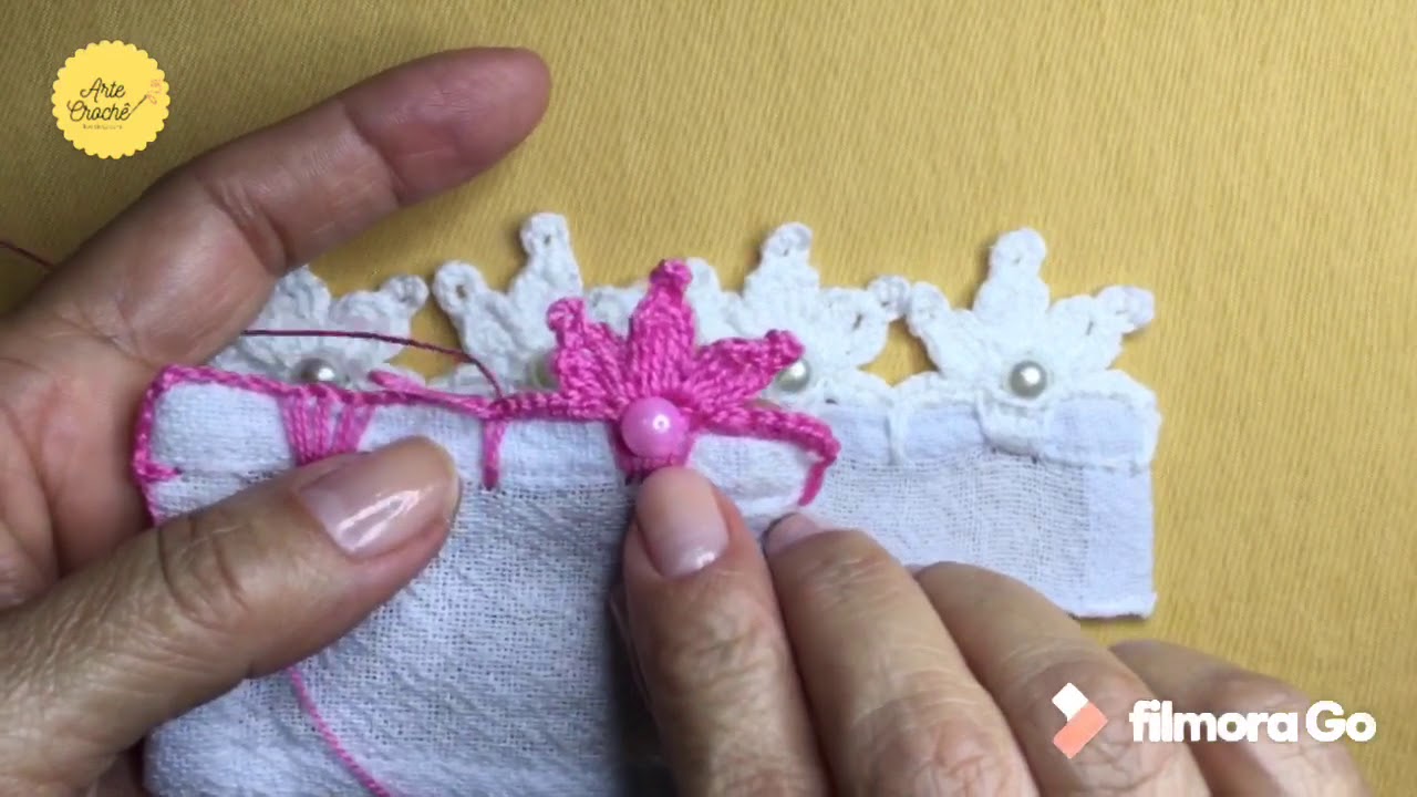 Bico de crochê Meia Florzinha com pérolas # 35 / lindo, delicado e fácil - passo a passo.