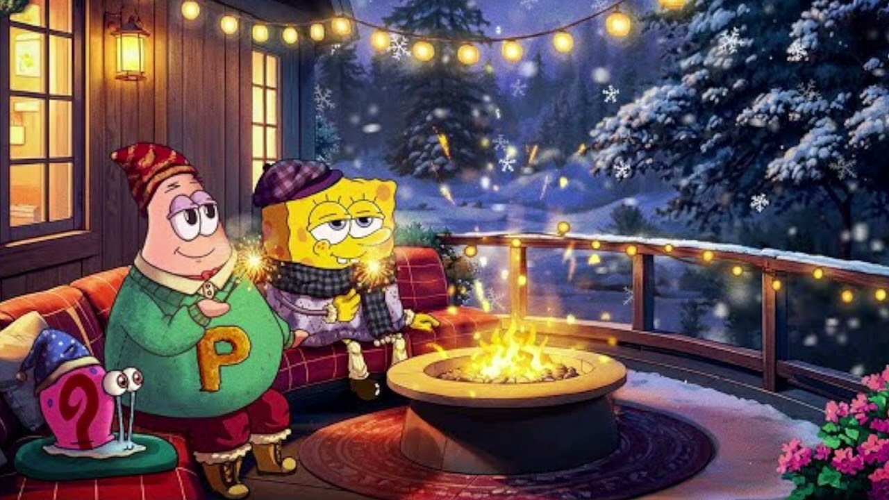 Cozy SpongeBob Lofi | Snowfall, Fireplace & Calm Nights