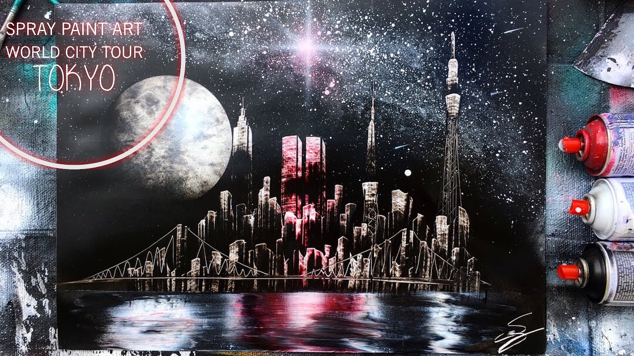 🇯🇵spray paint art world city tour① JAPAN TOKYO SKYLINE in black&white