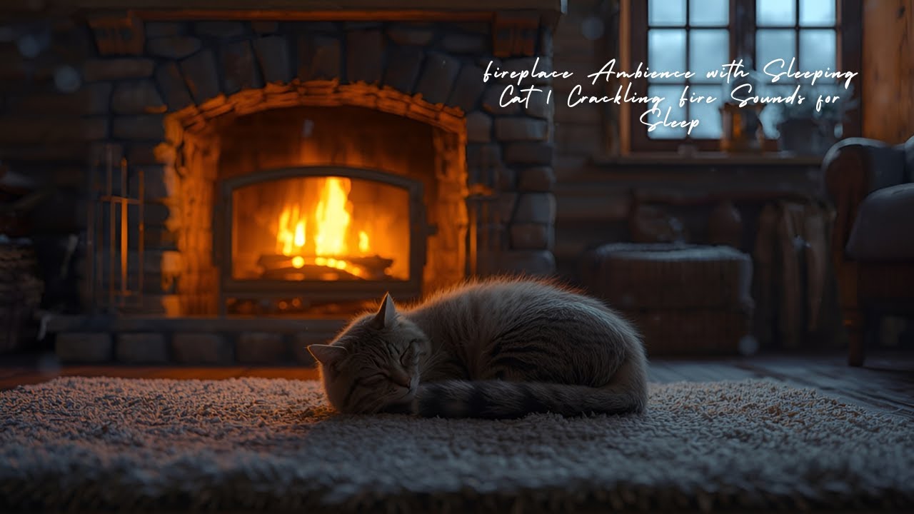 Fireplace Ambience with Sleeping Cat | Crackling Fire Sounds for Sleep