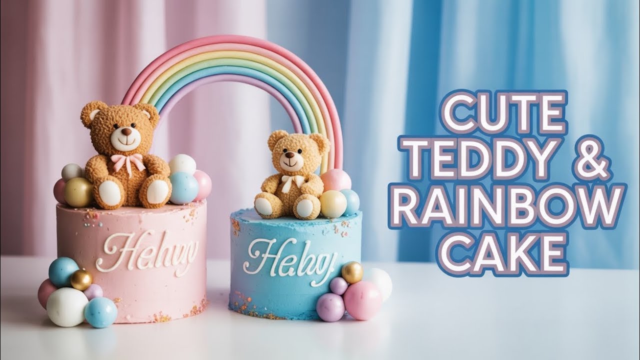 "Cute Teddy & Rainbow Cake 🎂 | Twin Birthday Cake Design"
