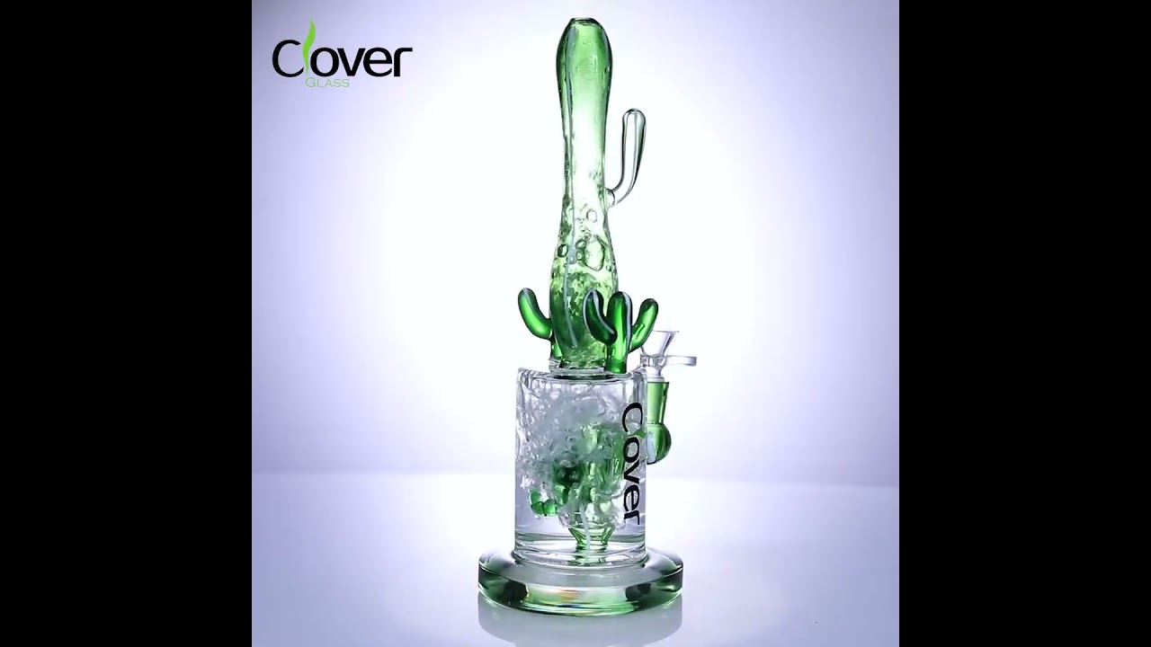 WPD-260: 11.08-Inch Cactus-Themed Glass Water Pipe with 14mm Female Joint by Clover Glass