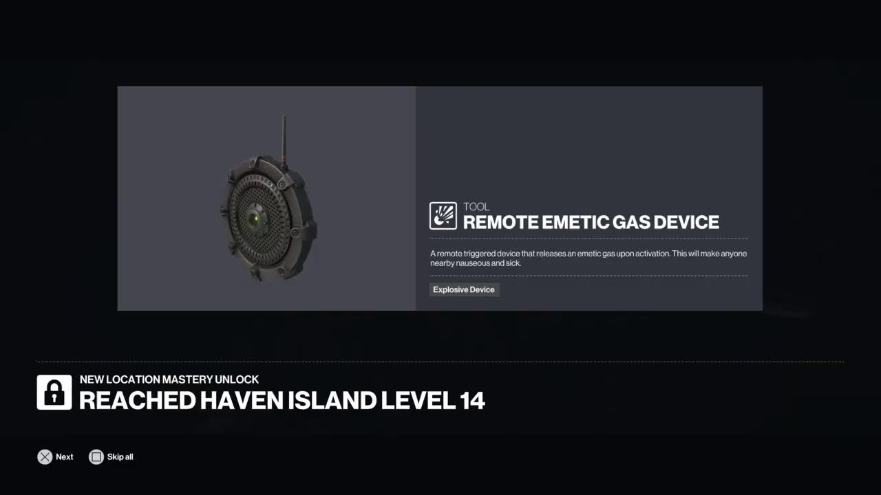 HAVEN ISLAND - Emetic Gas Grenade & Sieker Dart Gun Unlocks (11/07/22) - for Freelancer317 acc.
