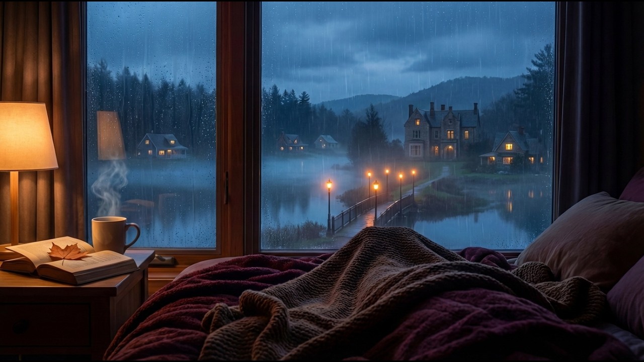 Cozy Rainy Lake House Window 🌧️☕ | Cozy & Steaming Coffee Ambience 4K Ultra HD 2 Hours Relax, Sleep