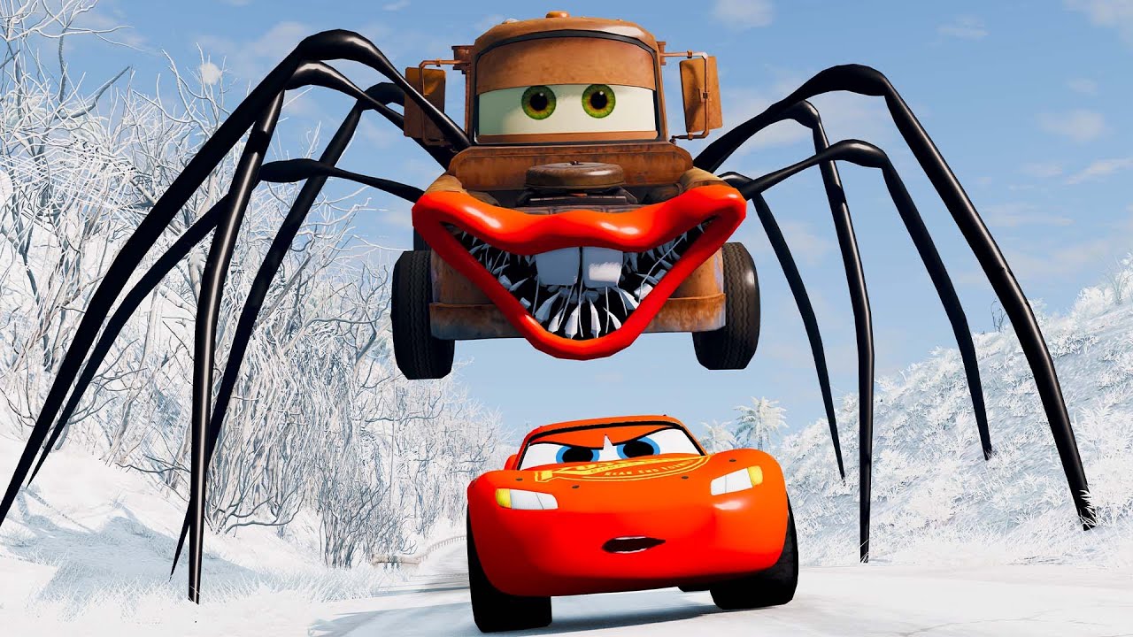 Epic escape from Lightning McQueen Eater, Mater Spider Eater, Fire Engine Eater|BeamNG.Drive