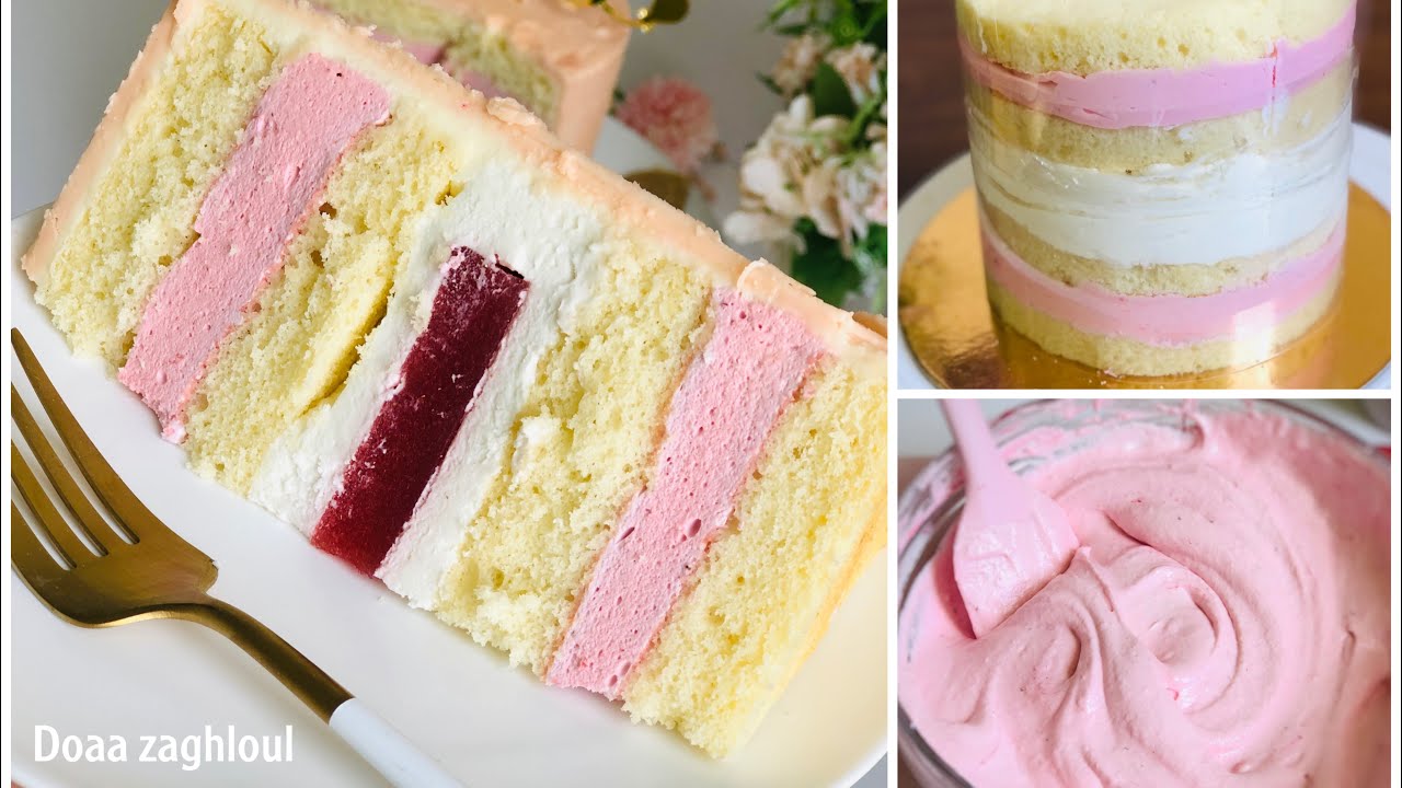 حشو كيك فانيلا بموس الفراوله وموس الشيكولاتة البيضا مع طبقة جيلي الفراولة