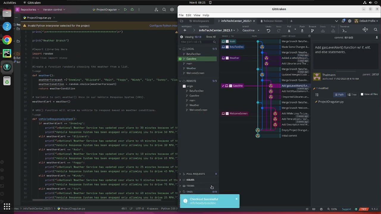 Branches, GitHub, GitKraken, and Pycharm.