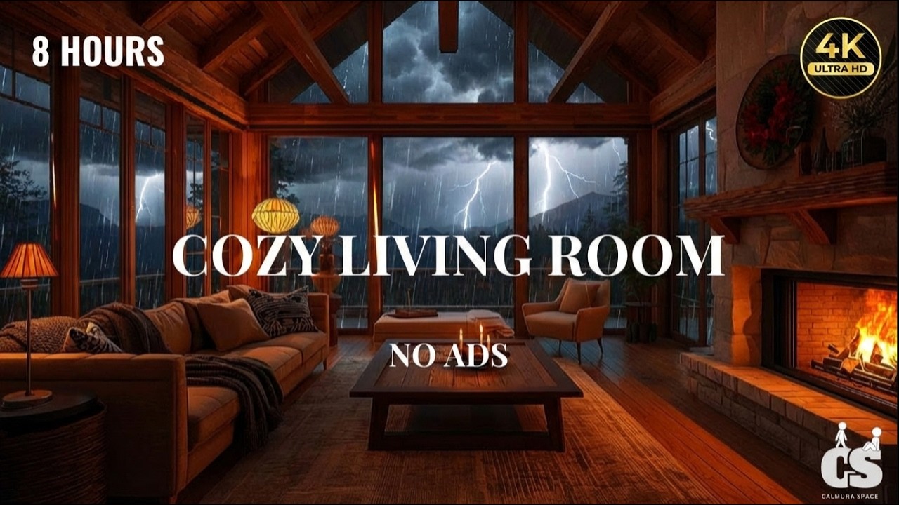 Cozy Living Room at Night 🌙 8 Hours of Rain Sounds & Warm Fireplace | 4K NO ADS