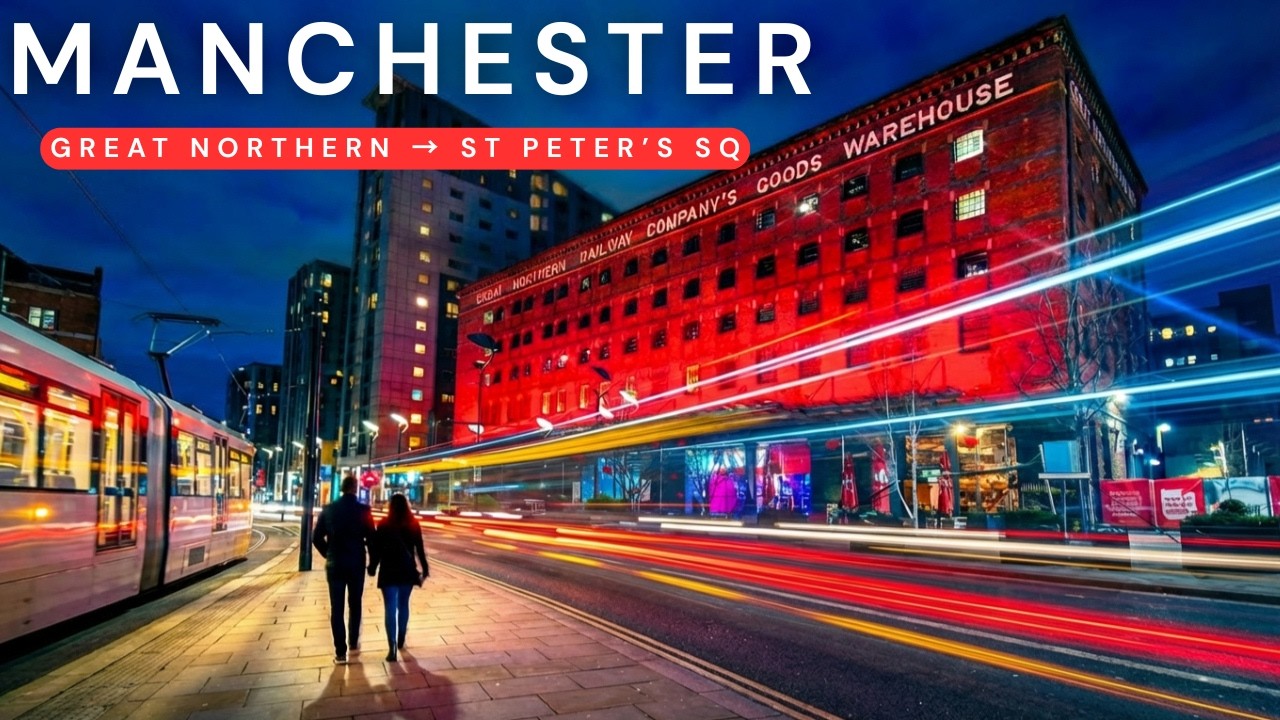 Manchester Evening Walking Tour 4K | Great Northern to St Peter’s Square
