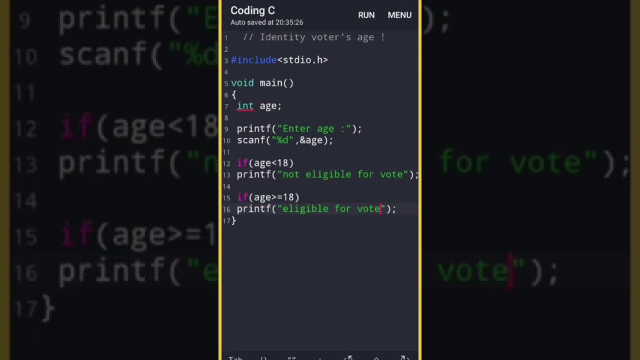 🧏&zwj;♂️ voter's age program in C || 🤔 how to check voter's age, using C || #shorts