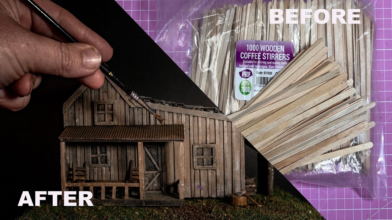 DIY wood cabin Diorama made from coffee stirrers