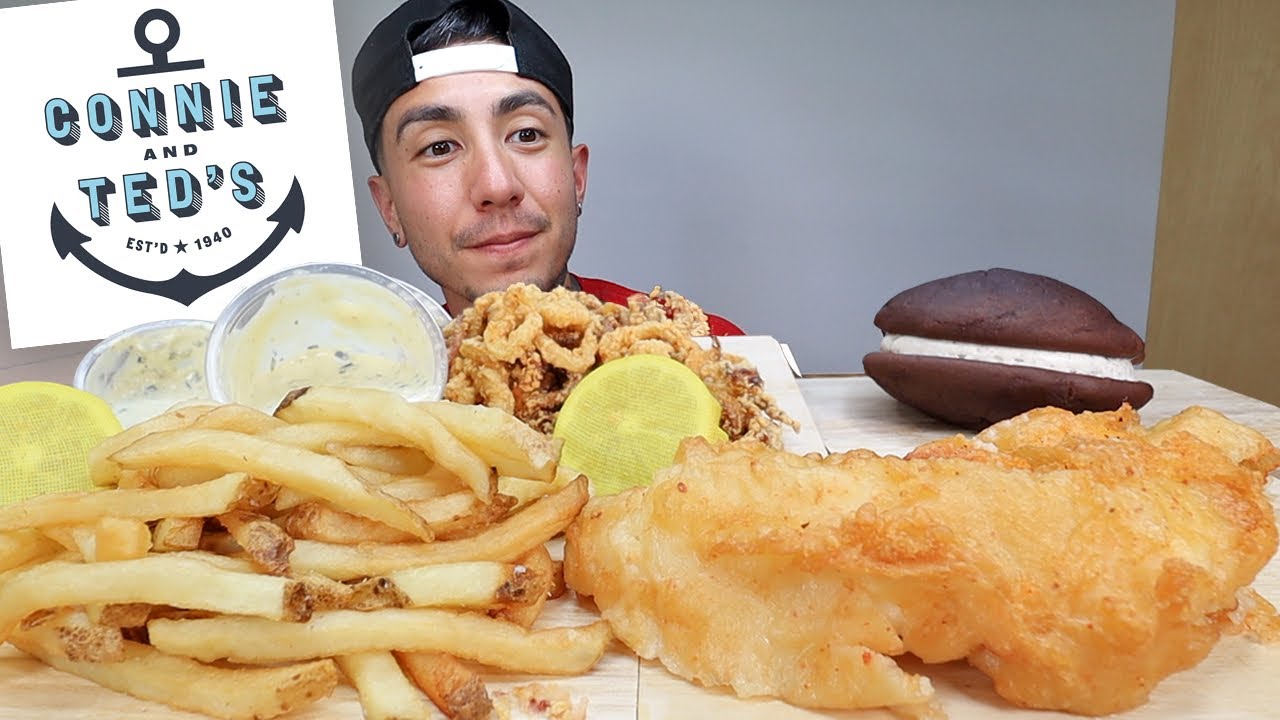 MUKBANG EATING Fish And Chips, Calamari, Chocolate Pie Dessert From Connie And Ted's