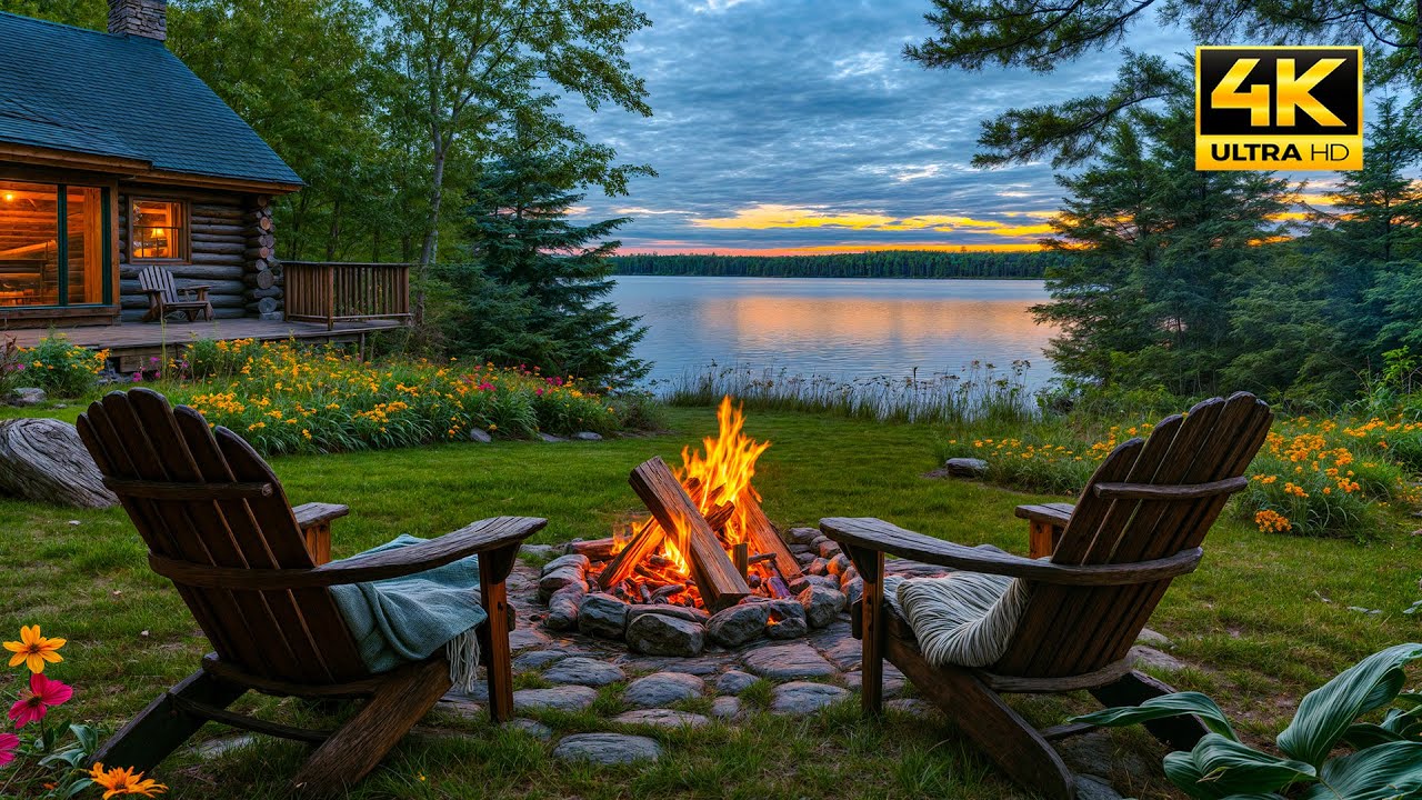 Relaxing Spring Evening: Cabin Life by the Lake with Cozy Campfire and Nature Sounds. Calm Birdsong