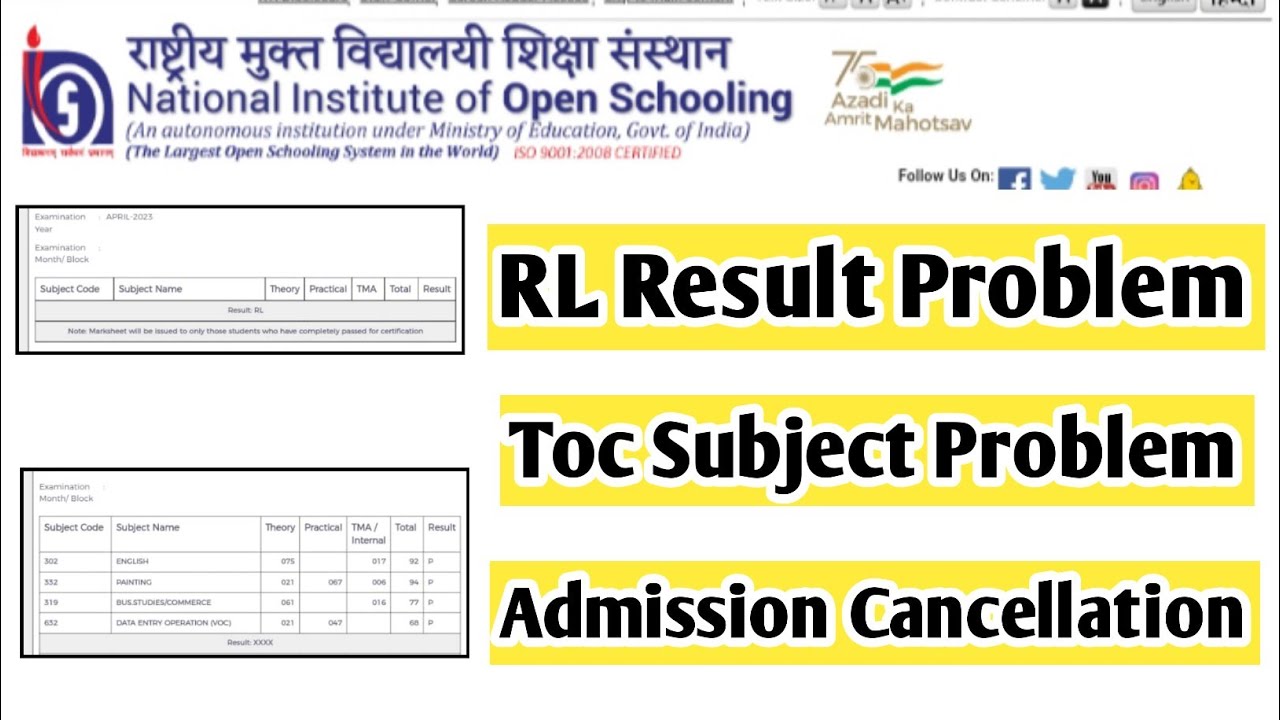 Nios RL Result Problem Toc Subjects Problem Admission Cancel Problem | Task Is Helping (NIOS) #nios