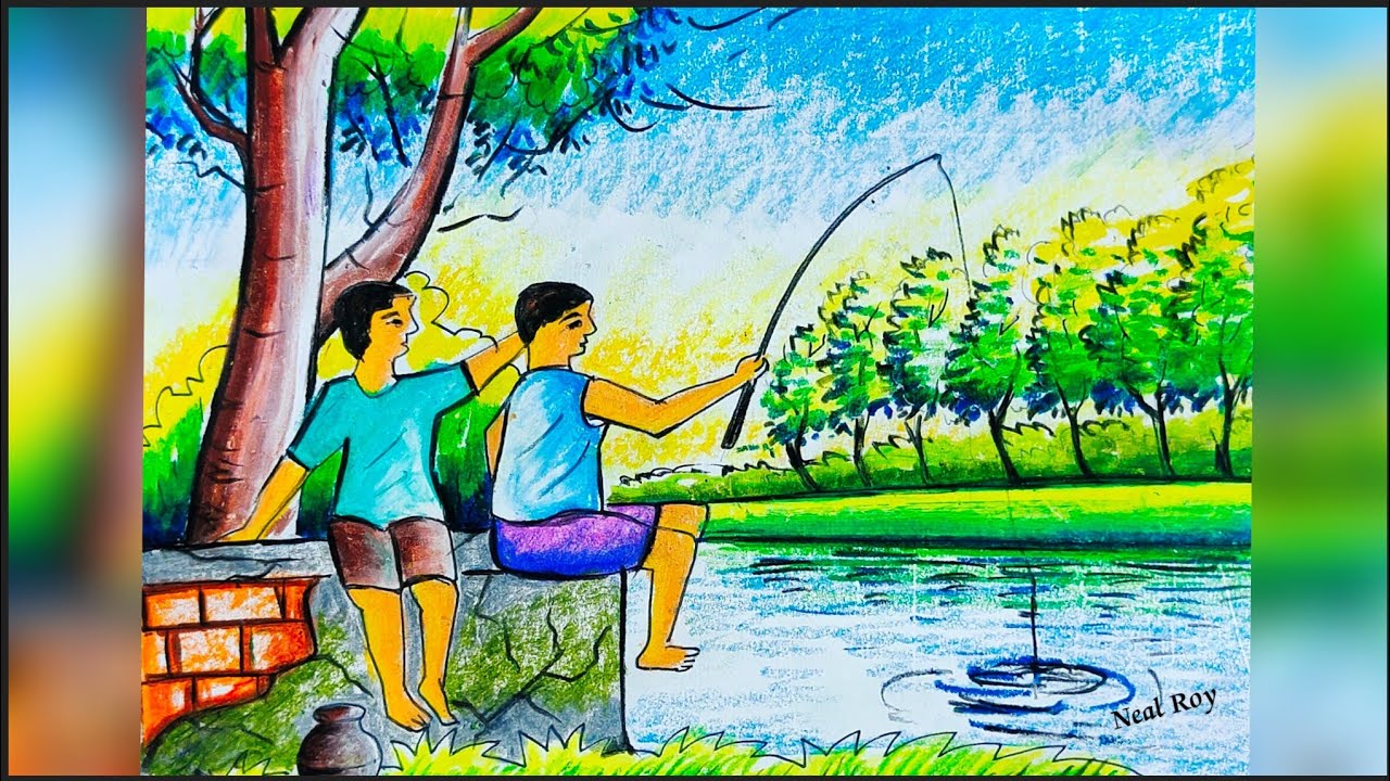 How to draw two boys fishing step by step/Fishing scenery drawing for beginners/Easy Fishing drawing