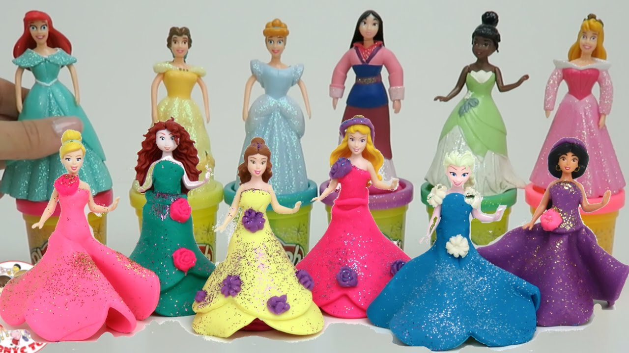 Play Doh Disney Princess dresses | Magiclip & Polly Pocket dolls collection