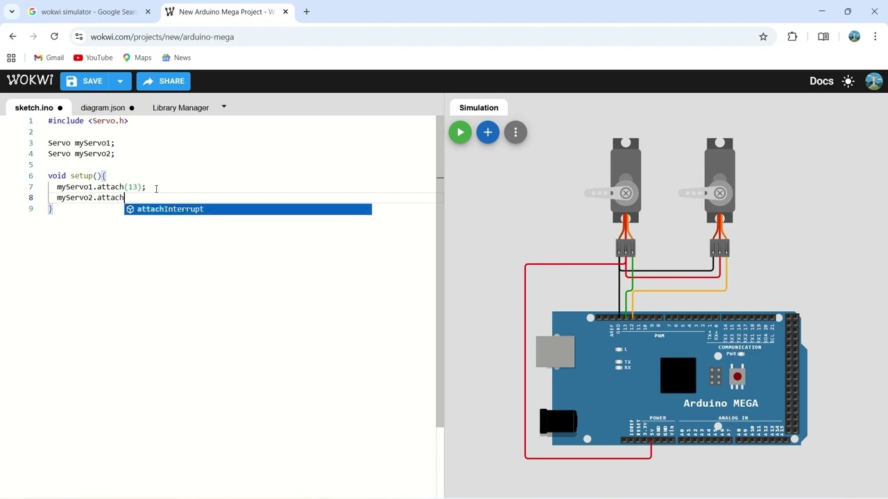 Arduino Mega Servo Motor Control | Wokwi Simulator | C++ Code Project