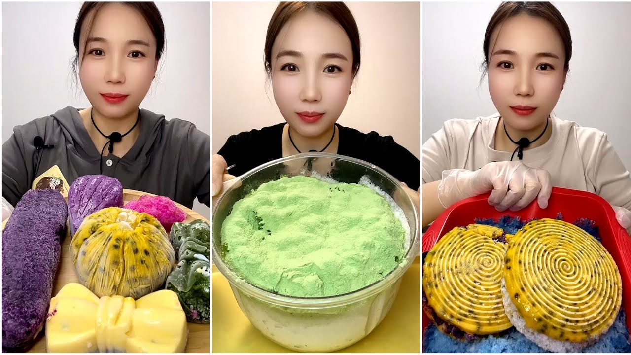 ASMR ICE EATING with MATCHA and MILK POWDER and MILK POWDER and PASSION FRUIT