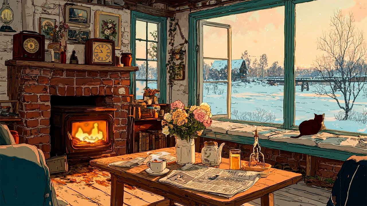 Peaceful 1950s Winter Morning ❄️ Oldies Playing in Another Room | Vintage Fireplace Crackle