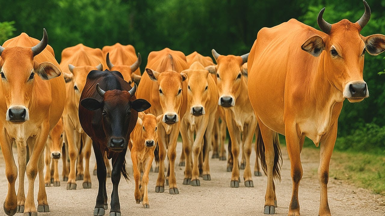 Puluhan Sapi Lembu Jinak Berjalan Rapi Sambil Barbaric Menuju Kandang Tempat Istirahat, Suara Sapi