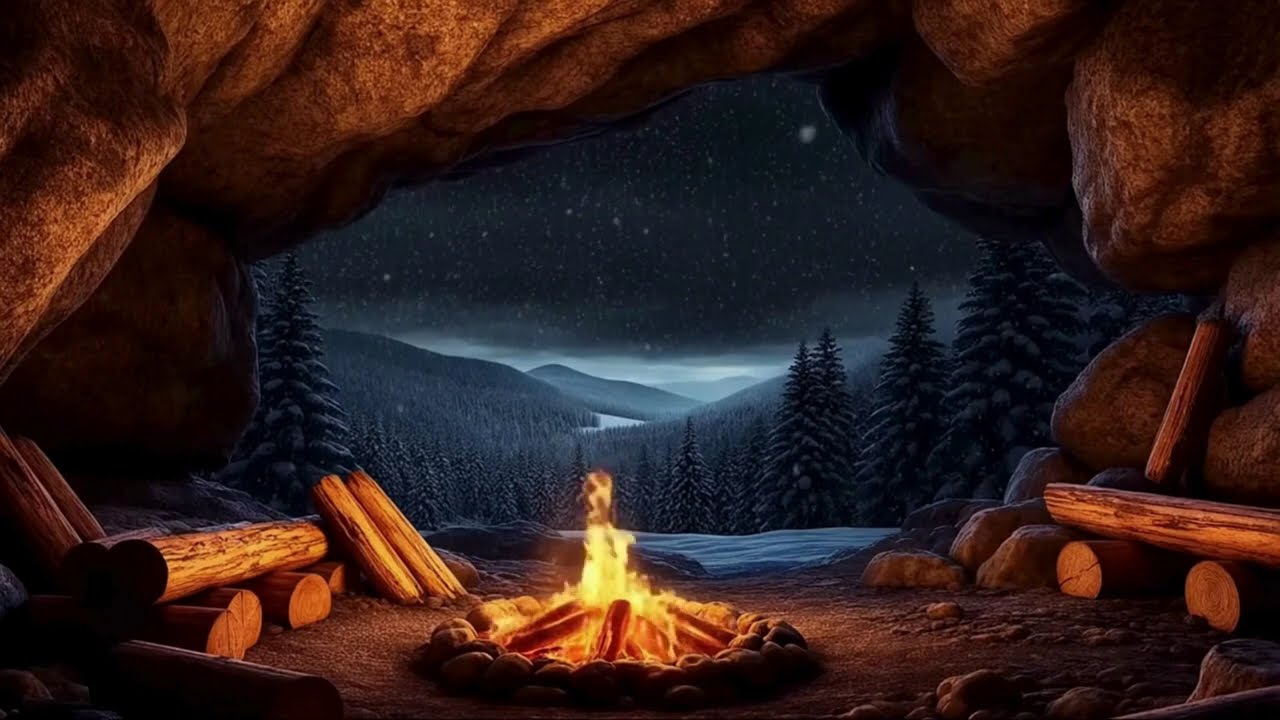 Cozy Cave Campfire | Crackling Fire & Gentle Snow Ambience | 1.5 Hours