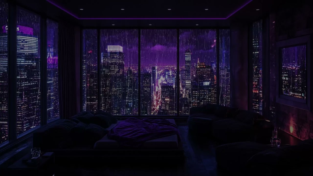 Rainy Night in a Luxury NYC Apartment 🌧️ Purple Neon Bedroom & Relaxing Rain Sounds