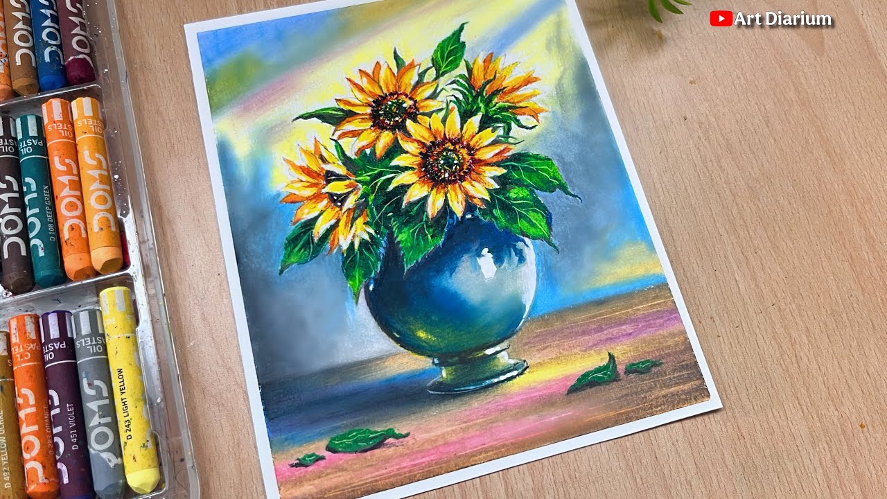 Sunflowers Drawing with Oil Pastel - Step by Step