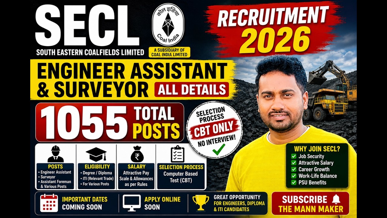 SECL Recruitment 2026 | 1055 Vacancies | Engineer Assistant & Surveyor Job | CBT Only | Full Details