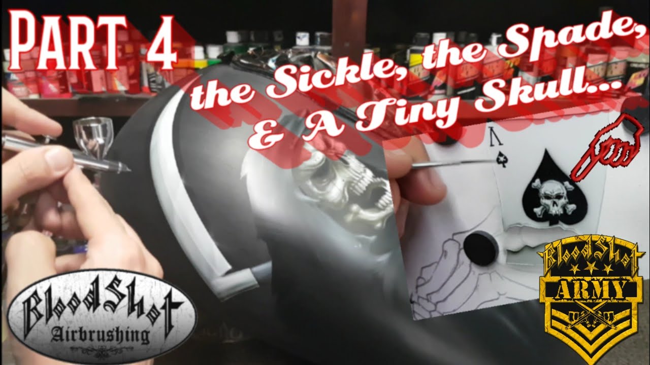How to Airbrush a Reaper & Cobra on a Motorcycle GasTank. Video 4- Sickle & Paintbrushed Skull