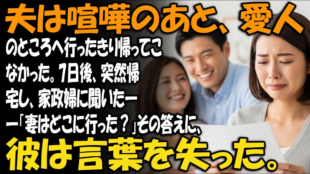 夫は喧嘩のあと、愛人のところへ行ったきり帰ってこなかった。7日後、突然帰宅し、家政婦に聞いた――「妻はどこに行った？」その答えに、彼は言葉を失った。【家族ドラマ】【静かな復讐】