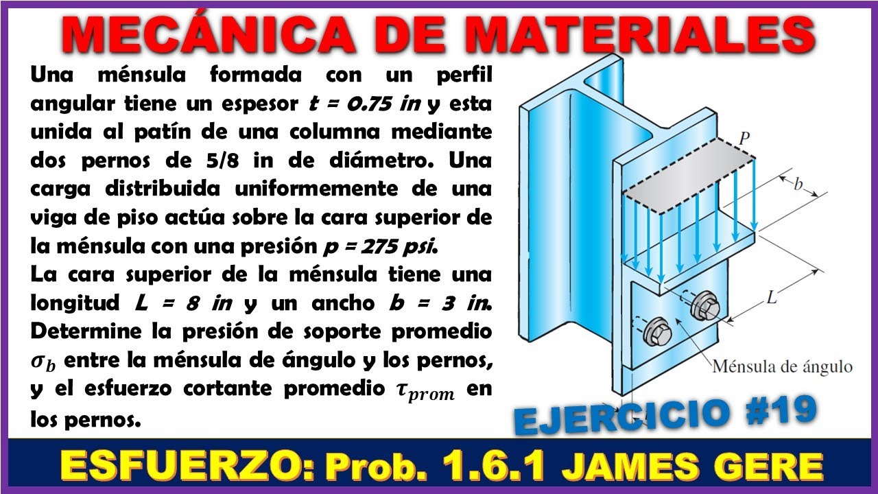 ESFUERZO DE SOPORTE Y CORTANTE EN LOS PERNOS  - Prob. 1.6.1 JAMES GERE 7ma Ed. MecánicaDeMateriales