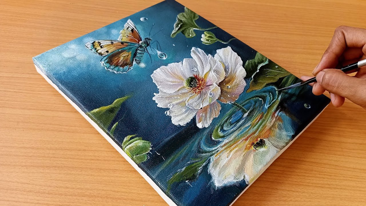 Painting a Beautiful Flower with a Cute Butterfly /Acryic paintings //Step by step