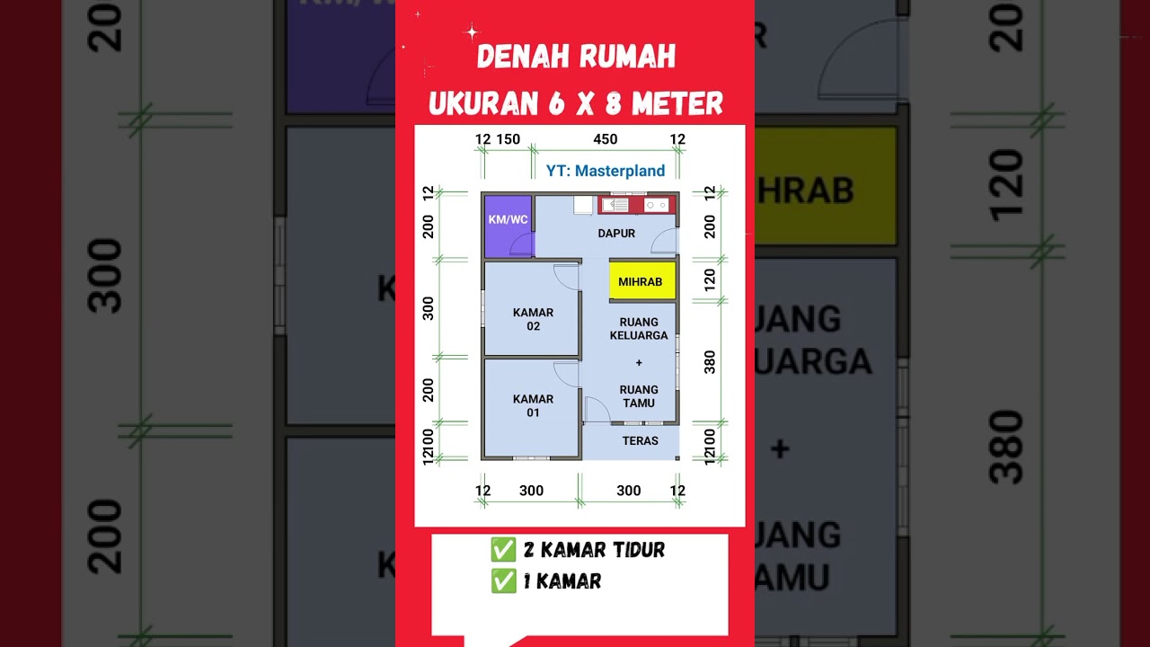 Denah Rumah 6x8 Meter | 2 Kamar Tidur + Mihrab + Ruang Keluarga Minimalis Modern 