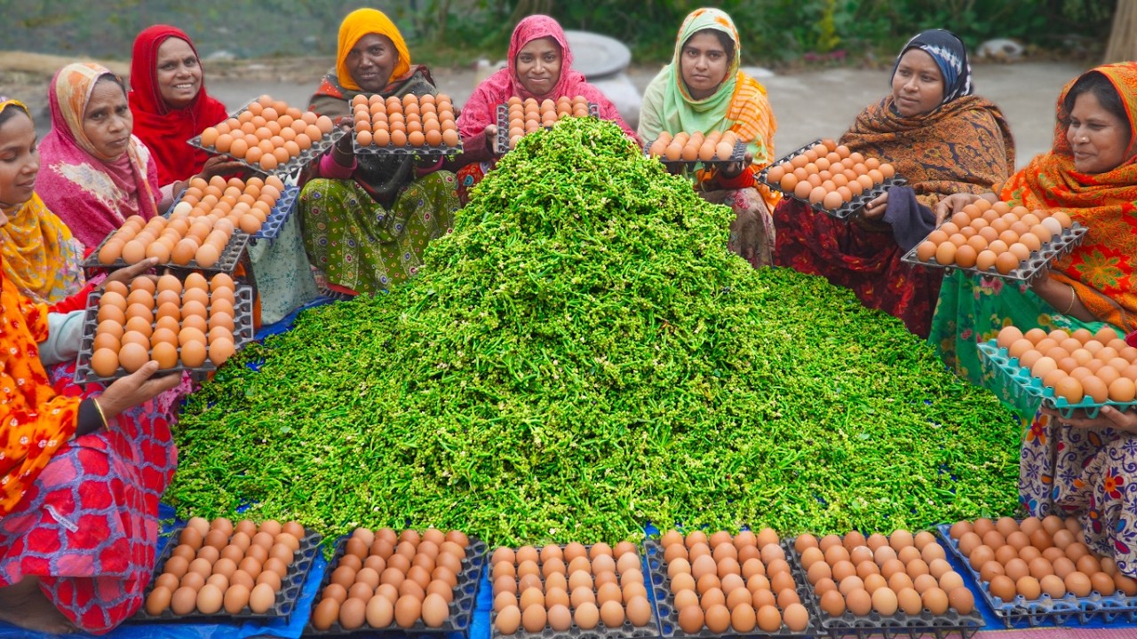 Eggs & Malabar Spinach Seeds Cooking - PUI Fol Curry Recipe - Bengali Village Food - Open Kitchen