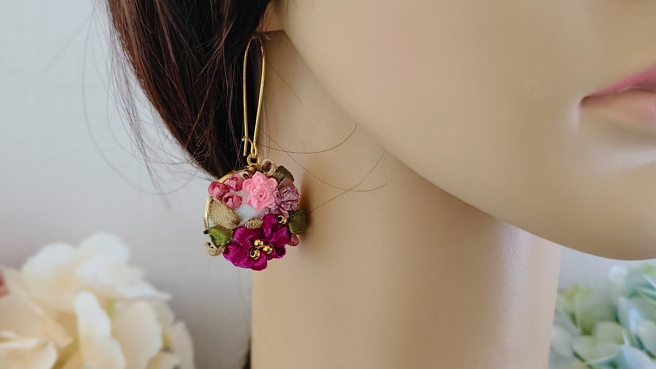 Floral Embroidery Earrings - 3D Dangle Earrings - Embroidered Hanging Earrings  - Handmade To Sell