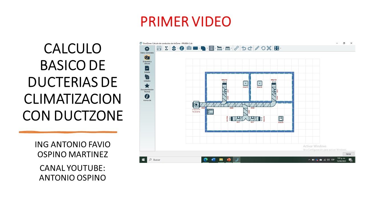 PRIMER VIDEO CALCULO BASICO DE DUCTERIAS DE SUMINISTRO DE AIRE CON DUCT ZONE