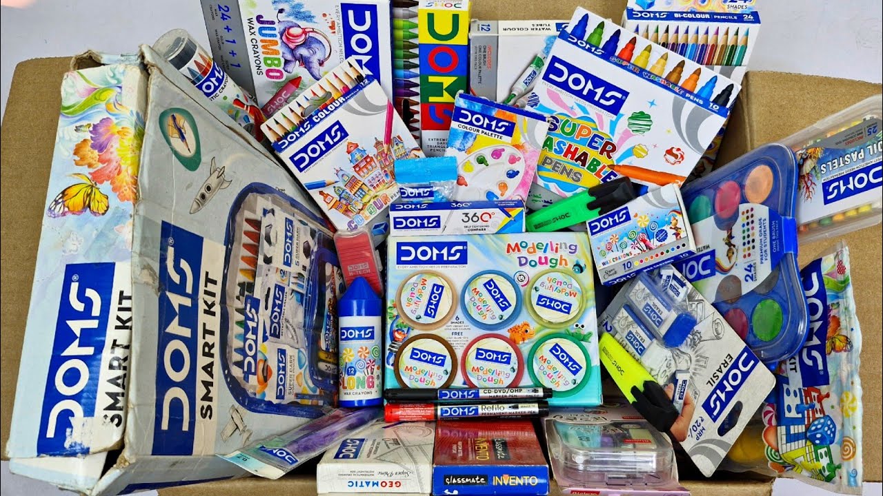 Latest DOMS STATIONERY🩵Crayons, Oil Pastels, Water Color, Pencil Box, Geometry, Sharpener, Smart kit