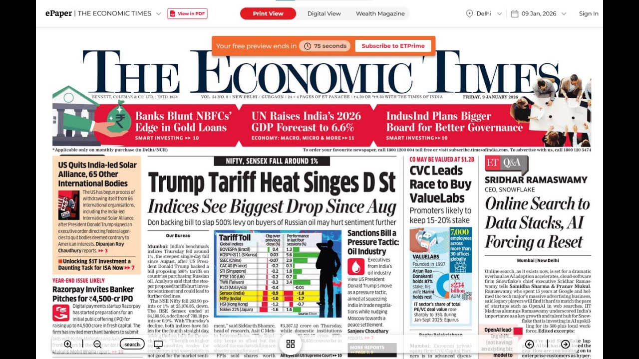 9 January 2026 | The Economic Times Newspaper | Daily Finance & Business News Analysis