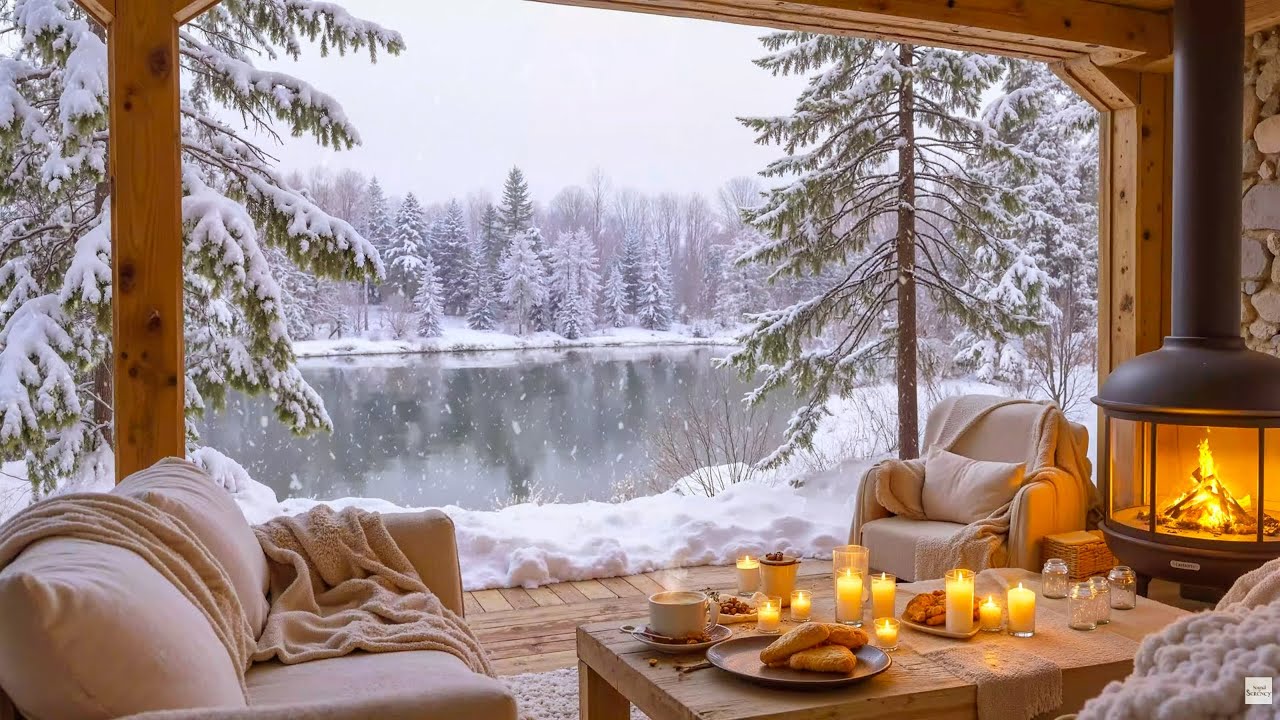 Cozy Winter Porch by the Lakeside ❄️🔥 Piano Music Background & Fireplace Ambience for Work & Study