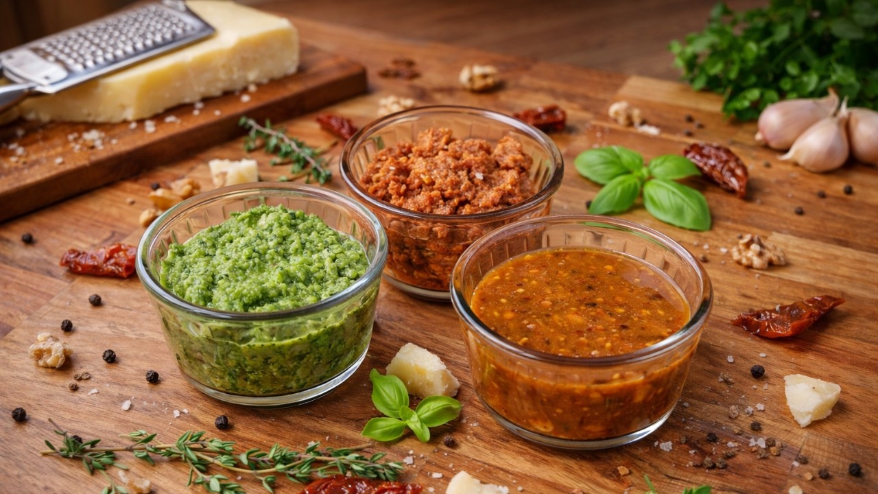 Pesto Genovese | Sun-dried Tomato Pesto | Burnt Walnut Pesto