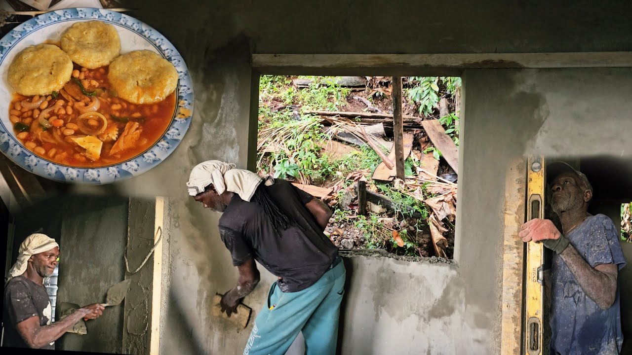 Working on the window n door jambs.Cooking pumpkin dumplings with saltfish n bake bean for workmen. 