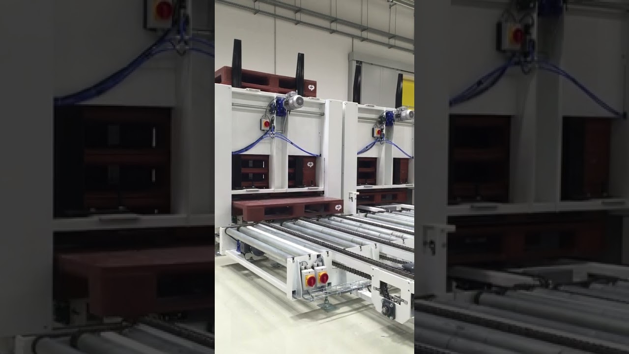Raklap-adagoló görgős-láncos irányváltóval Pallet magazine with chain-roller  pallet diverter