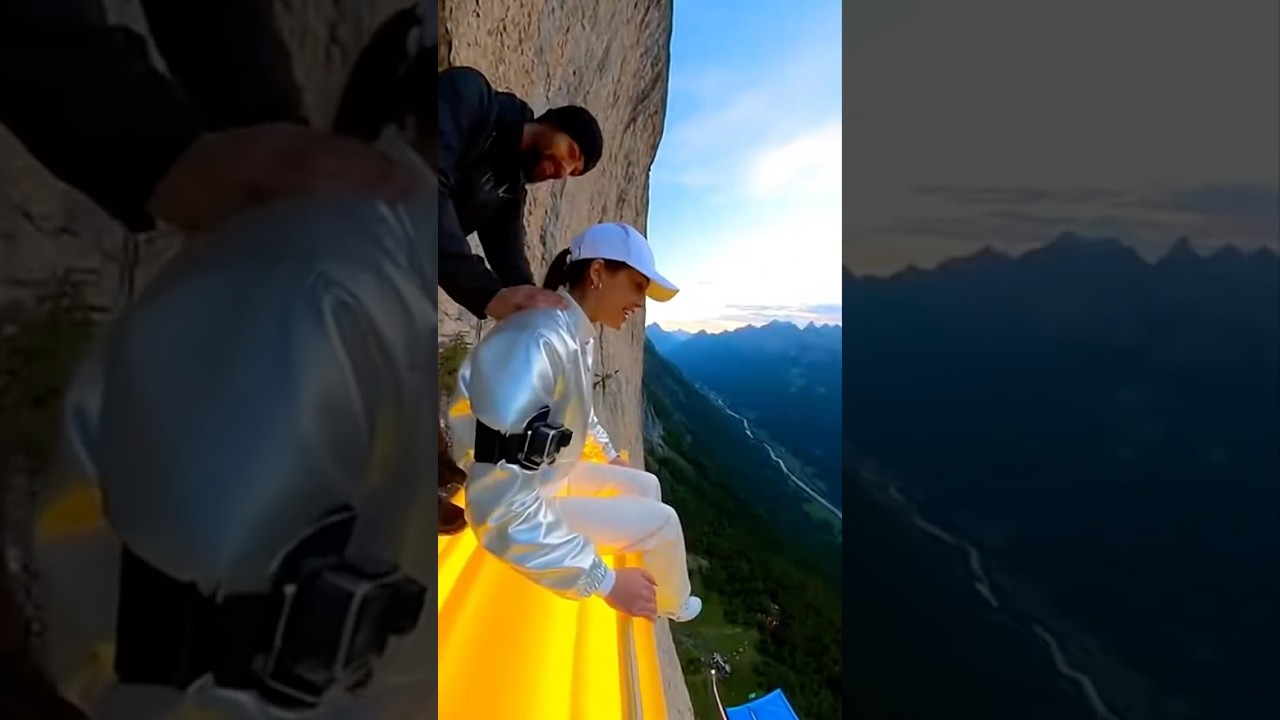 Glowy Cliff Slide is Thrill! 😱🔥 Girl Slides and lands on Cliff Airbag! #cliffactivity #cliffslide