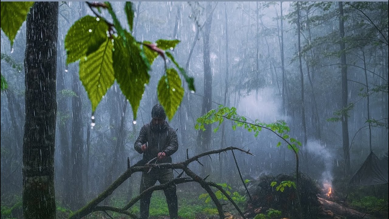 Solo Rain Camping & Bushcraft Survival Skills &ndash; Caught in a Heavy Rainstorm All Day!