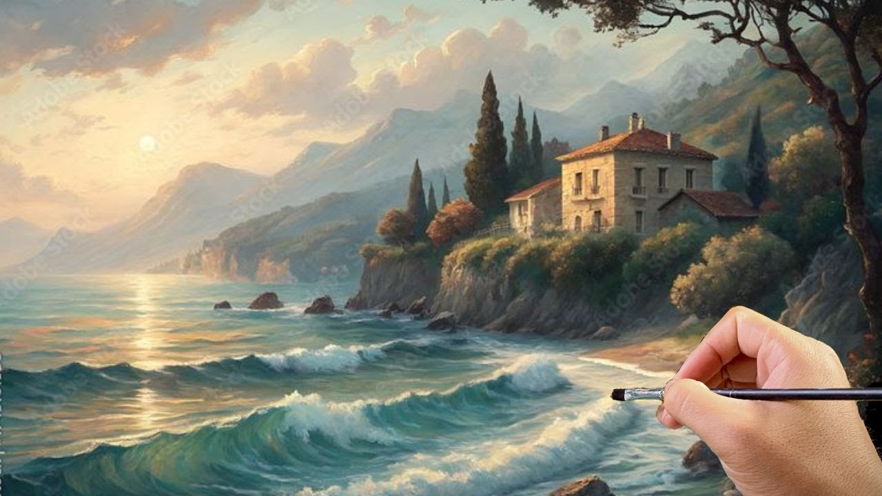 🎨 How to Paint a Peaceful Seaside House | Relaxing Acrylic Landscape Tutorial for Beginners | #037