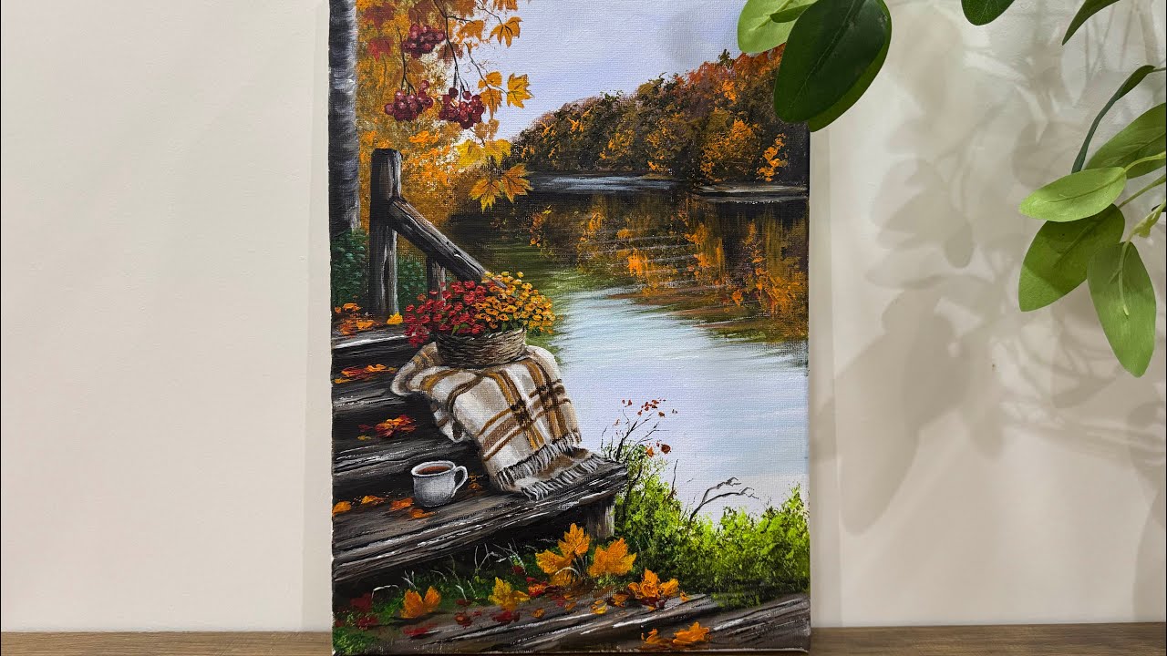Cozy Autumn Lakeside Painting |  Step by Step Acrylic Landscape Painting 🍂