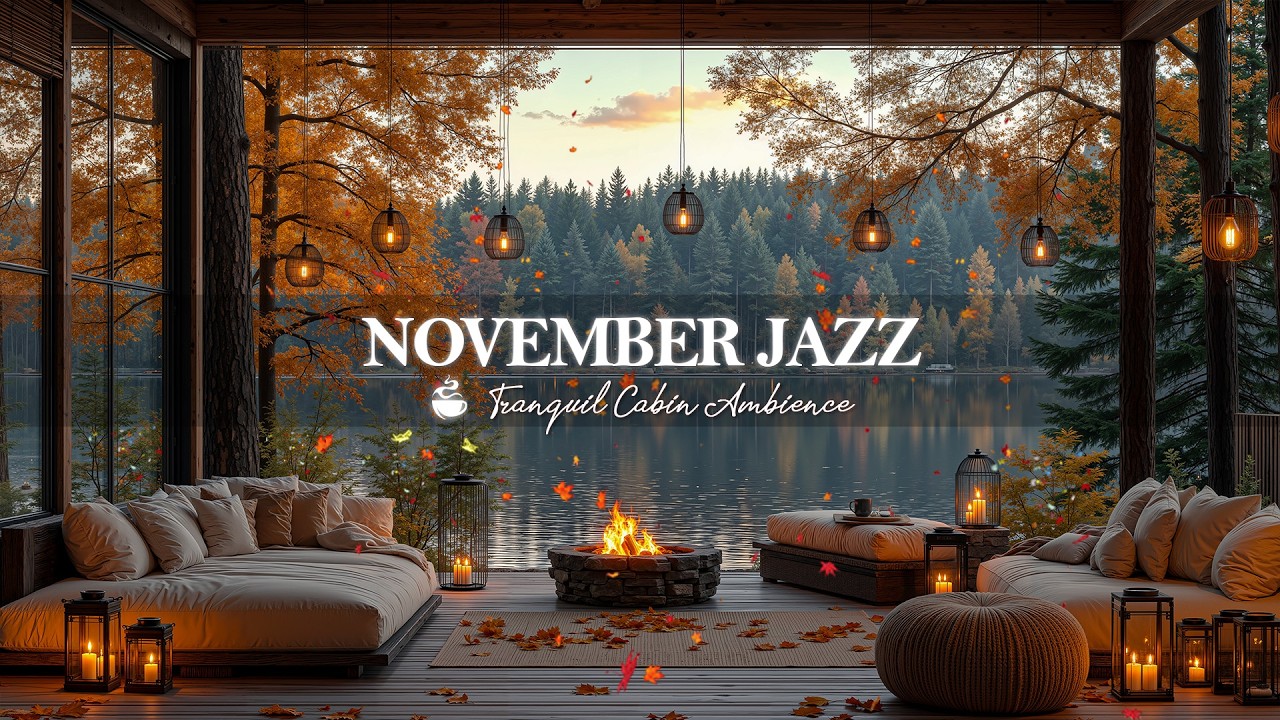 Cozy Jazz In October Ambience 🍂 Tranquil Autumn Jazz In Warm Lakeside Cabin & Fireplace For Up M...