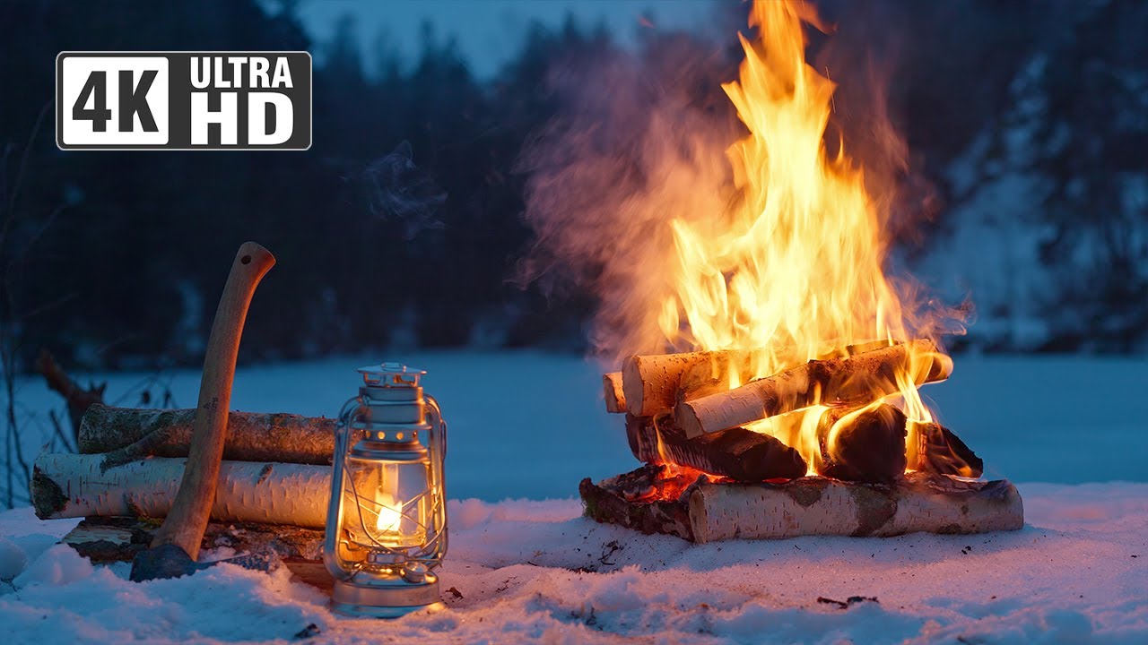 4K 📺 Это настоящий костер у замерзшего озера 🔥❄️ 100% натуральное видео