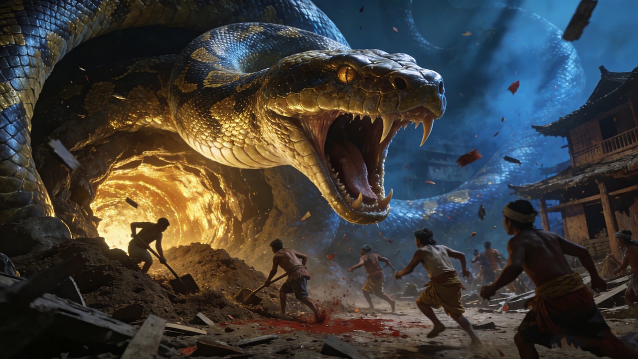 Villagers dug giant python's lair for gold, python retaliates, massacres entire village.
